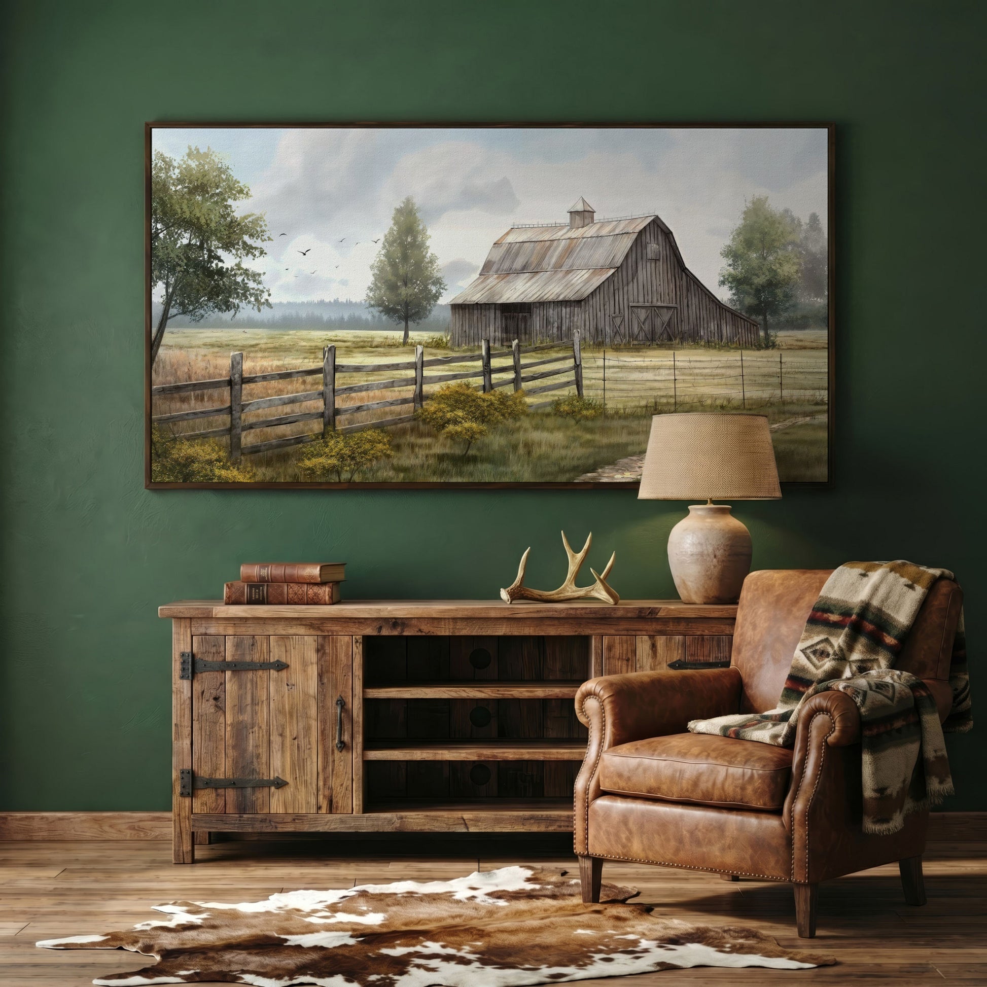 Rural Wooden Barn Canvas Wall Art in dark walnut floating frame