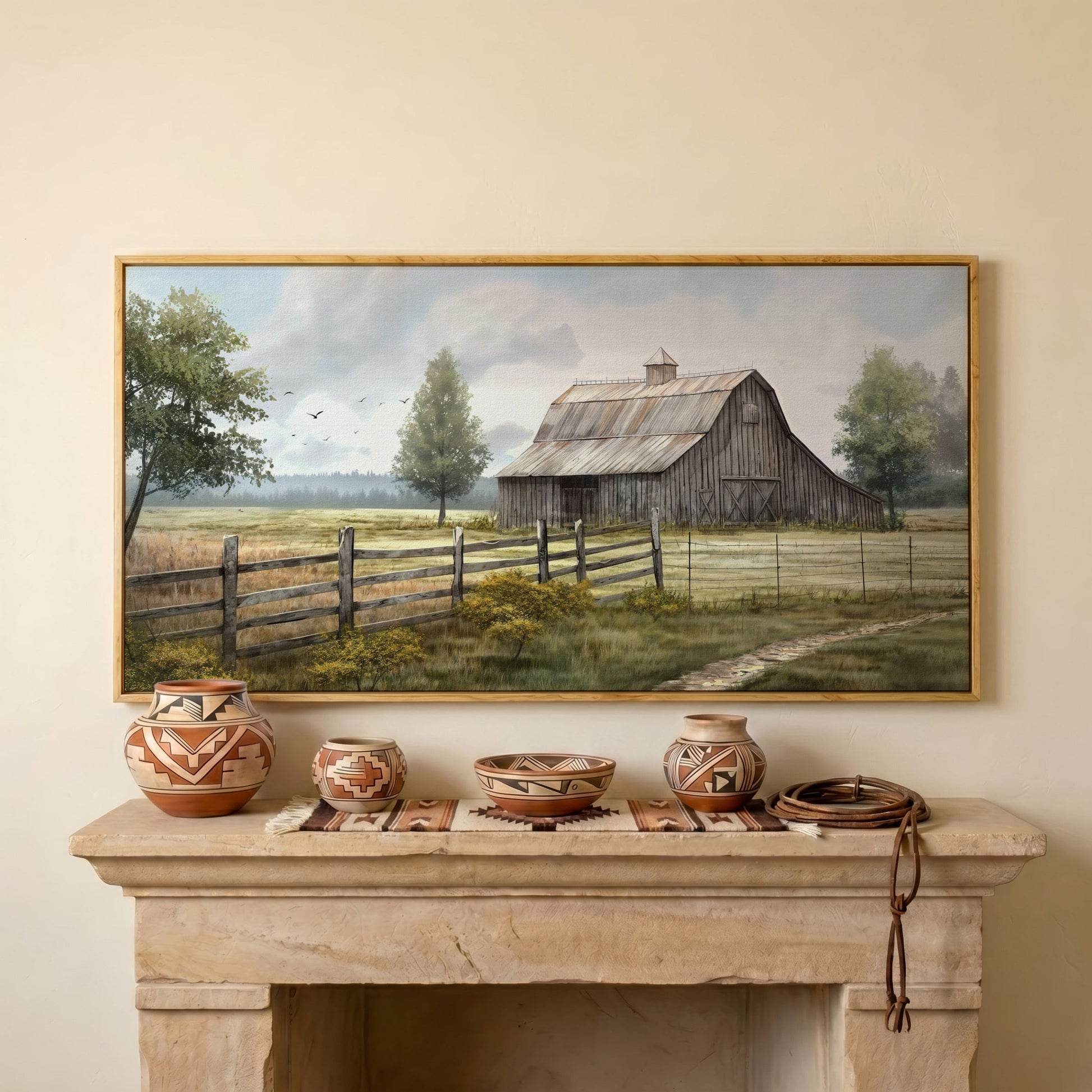Rural Wooden Barn Canvas Wall Art in white oak floating frame