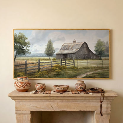 Rural Wooden Barn Canvas Wall Art in white oak floating frame