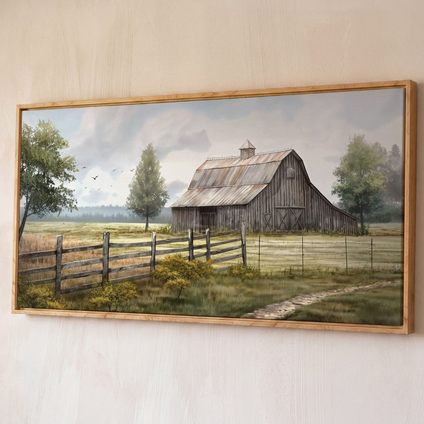 Rural Wooden Barn Canvas Wall Art shown in white oak floating frame