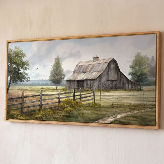 Rural Wooden Barn Canvas Wall Art shown in white oak floating frame