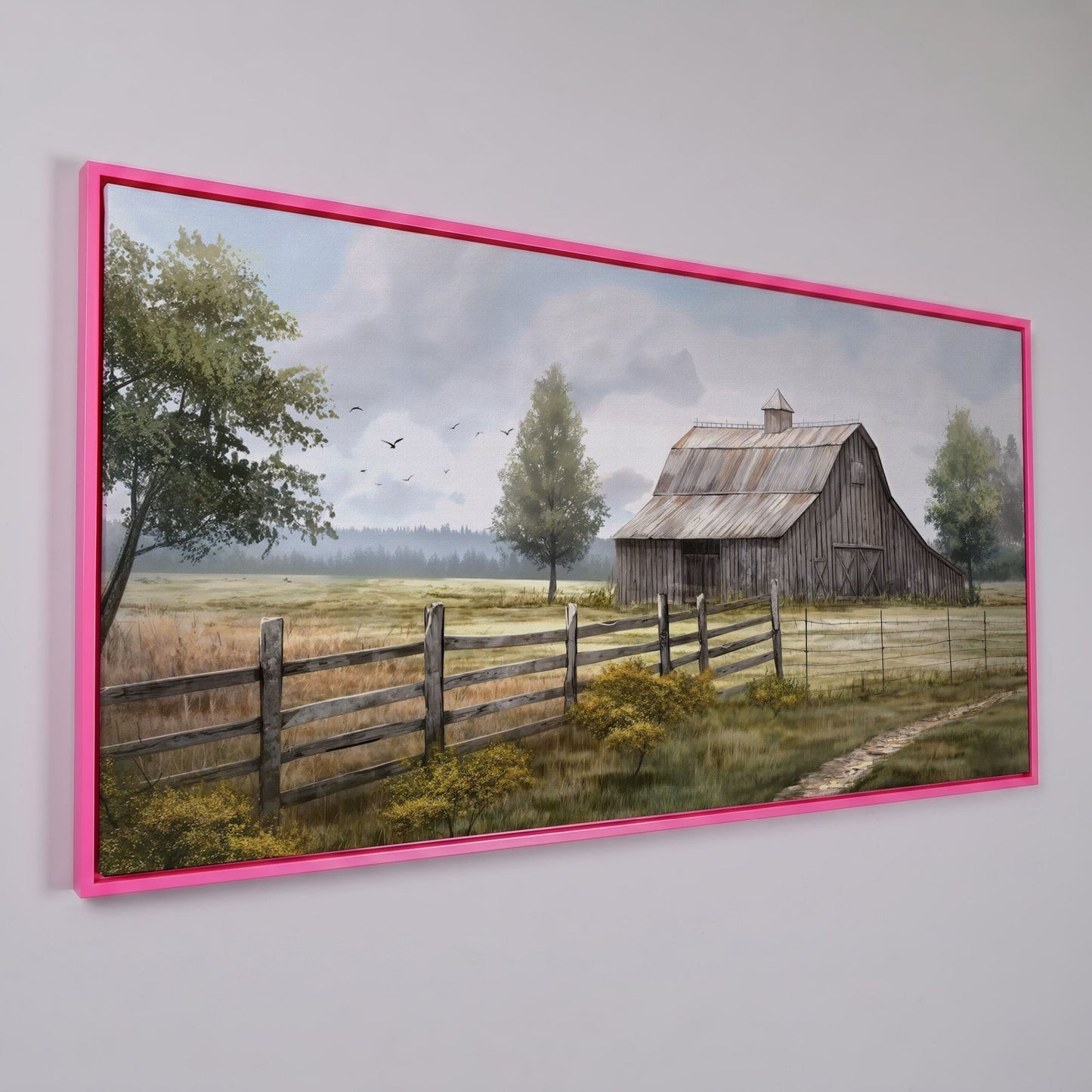 Rural Wooden Barn Canvas Wall Art in pink floating frame