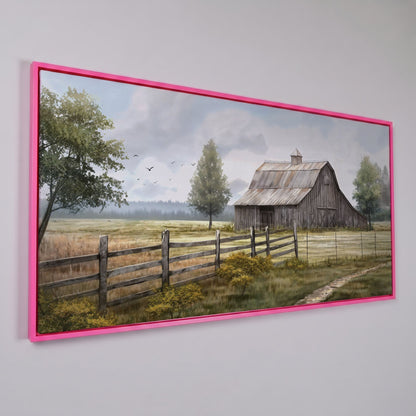 Rural Wooden Barn Canvas Wall Art in pink floating frame