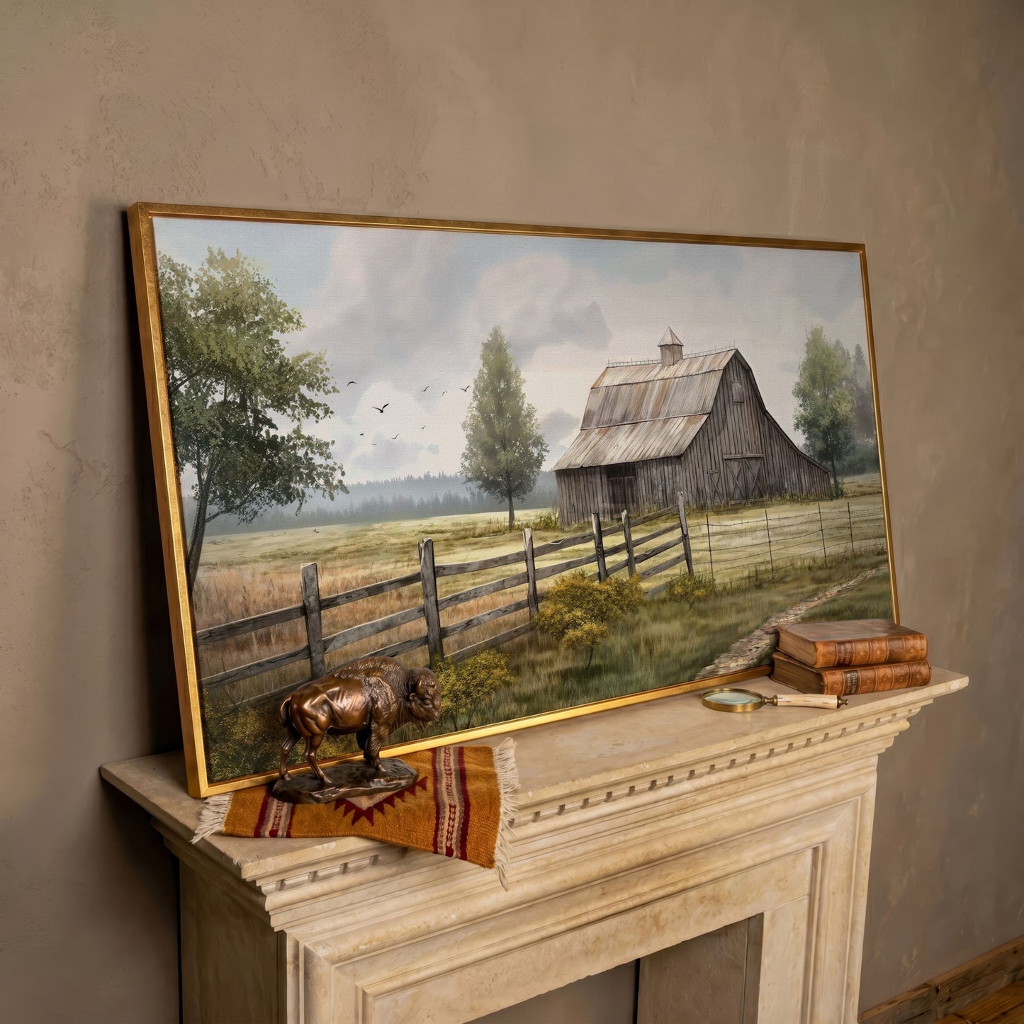 Rural Wooden Barn Canvas Wall Art in rose gold floating frame
