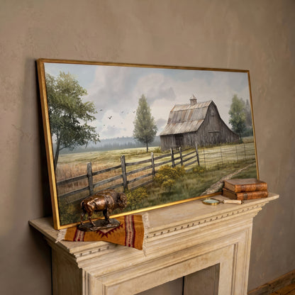 Rural Wooden Barn Canvas Wall Art in rose gold floating frame