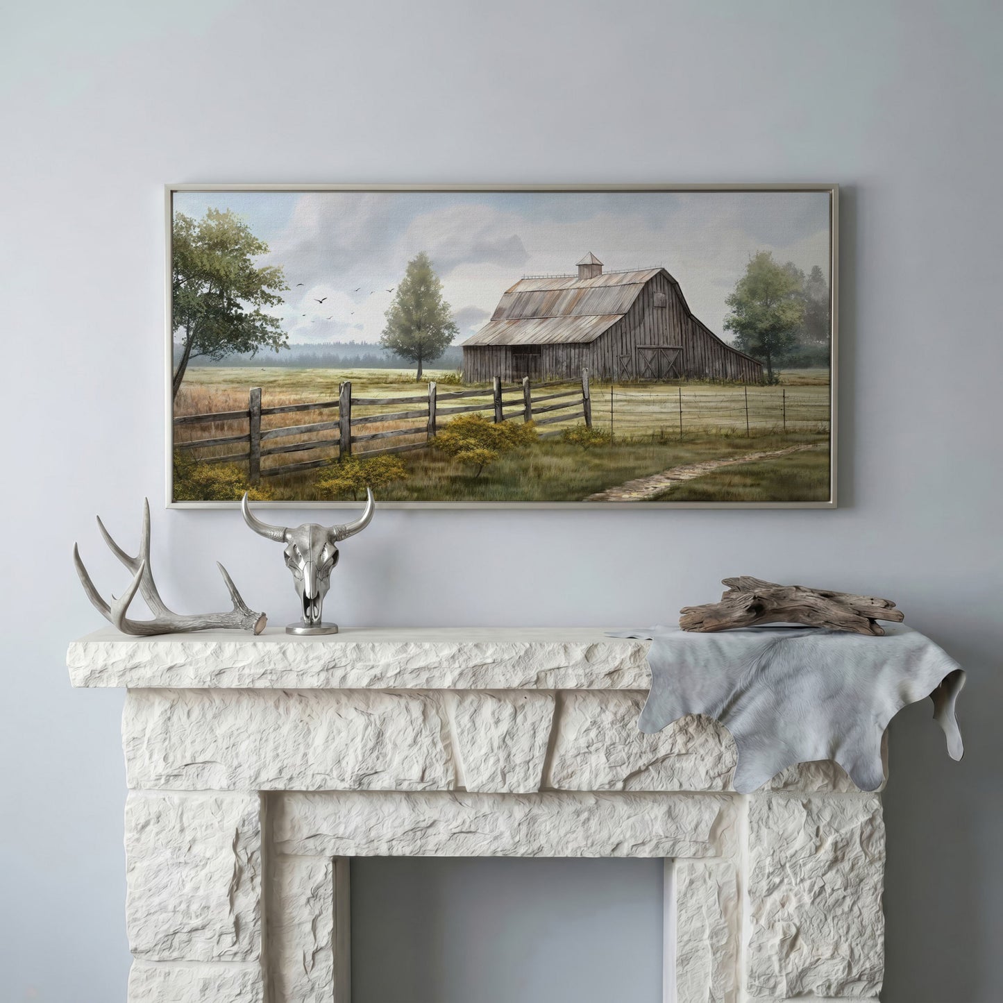 Rural Wooden Barn Canvas Wall Art in silver floating frame
