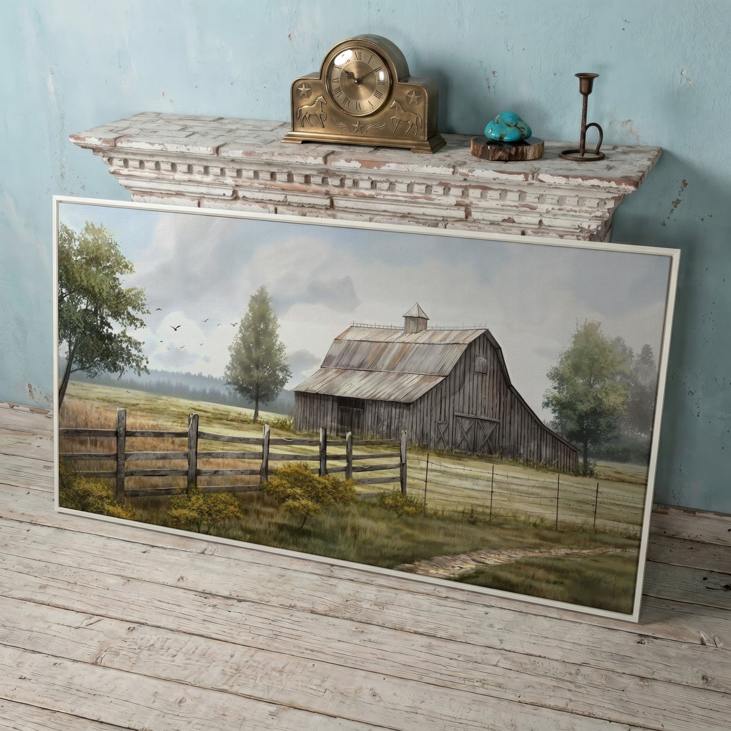 Rural Wooden Barn Canvas Wall Art in white floating frame