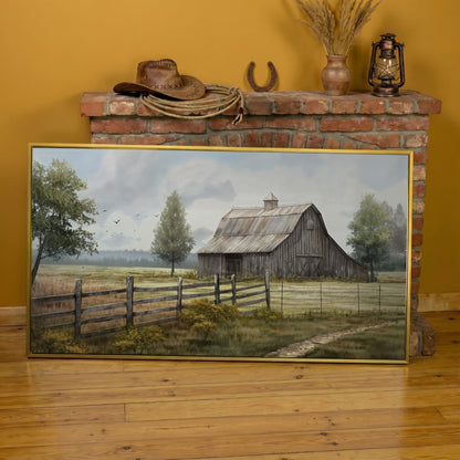 Rural Wooden Barn Canvas Wall Art in yellow gold floating frame