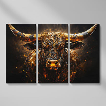 Majestic Amber Bull Canvas Print. Abstract Animal Art as 3-panel split version