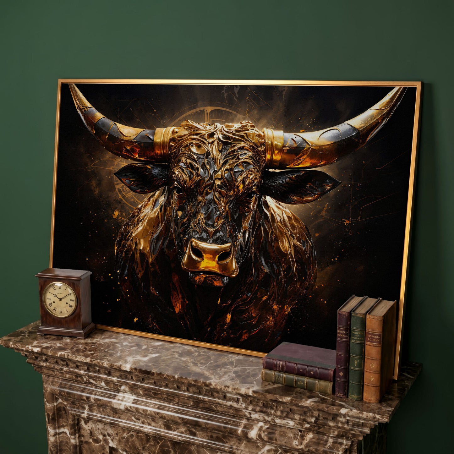 Majestic Amber Bull Canvas Print. Abstract Animal Art in antique gold floating frame