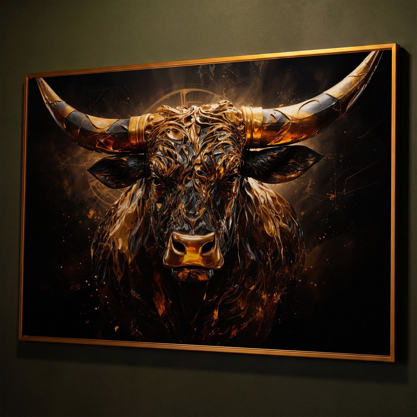 Majestic Amber Bull Canvas Print. Abstract Animal Art shown in antique gold floating frame