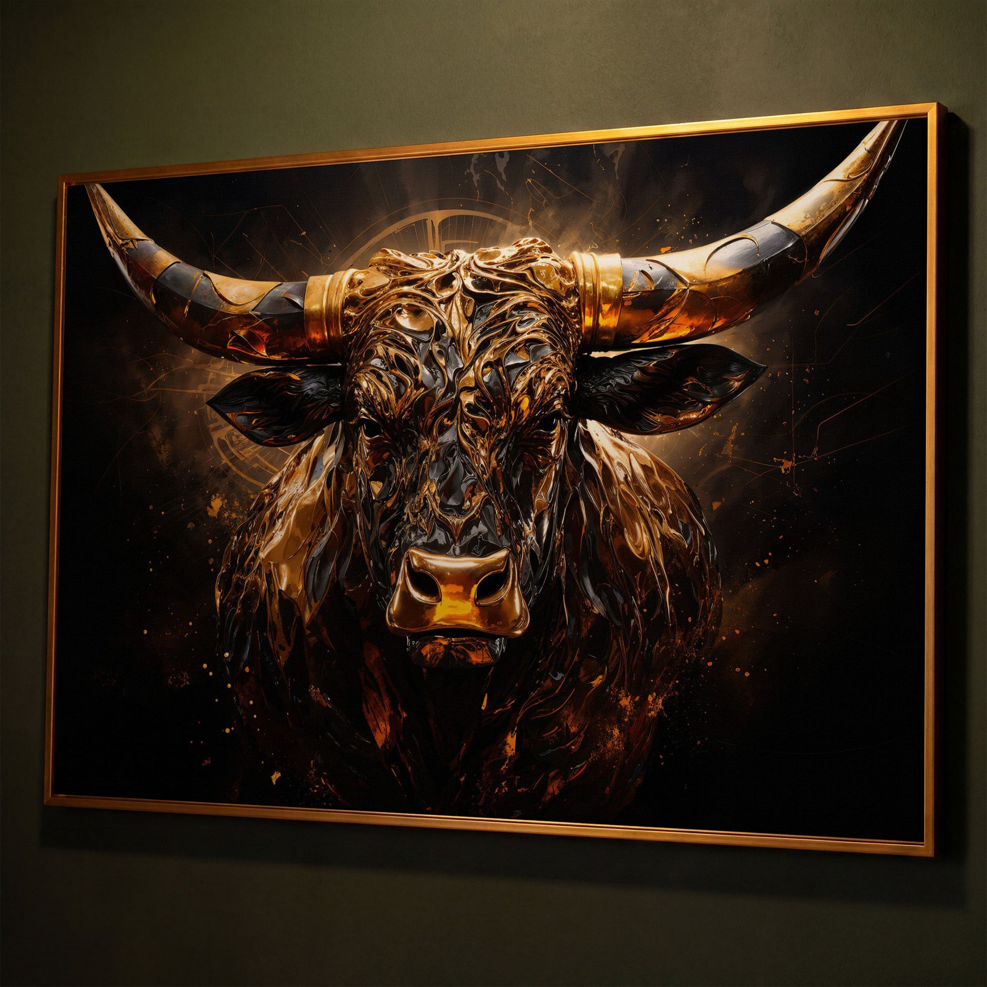 Majestic Amber Bull Canvas Print. Abstract Animal Art shown in antique gold floating frame