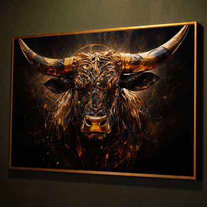 Majestic Amber Bull Canvas Print. Abstract Animal Art shown in antique gold floating frame