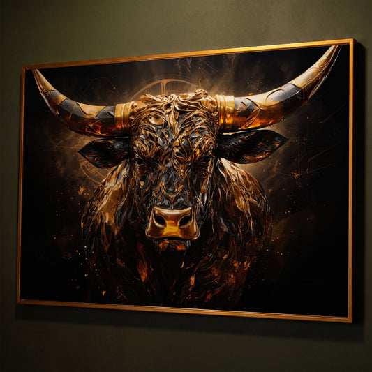 Majestic Amber Bull Canvas Print. Abstract Animal Art shown in antique gold floating frame