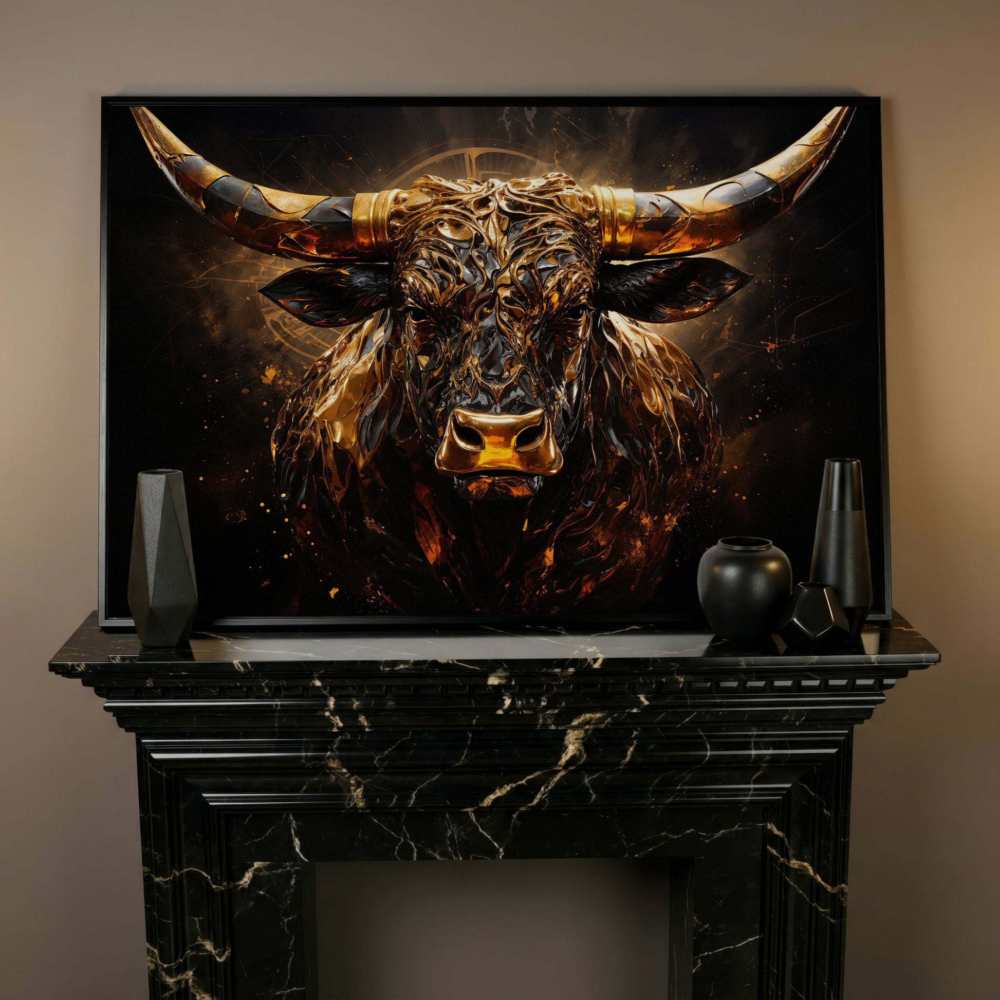 Majestic Amber Bull Canvas Print. Abstract Animal Art in black floating frame