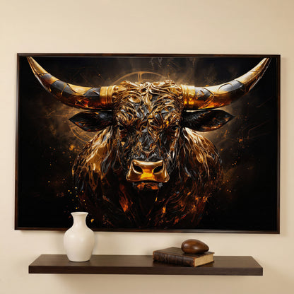 Majestic Amber Bull Canvas Print. Abstract Animal Art in dark walnut floating frame