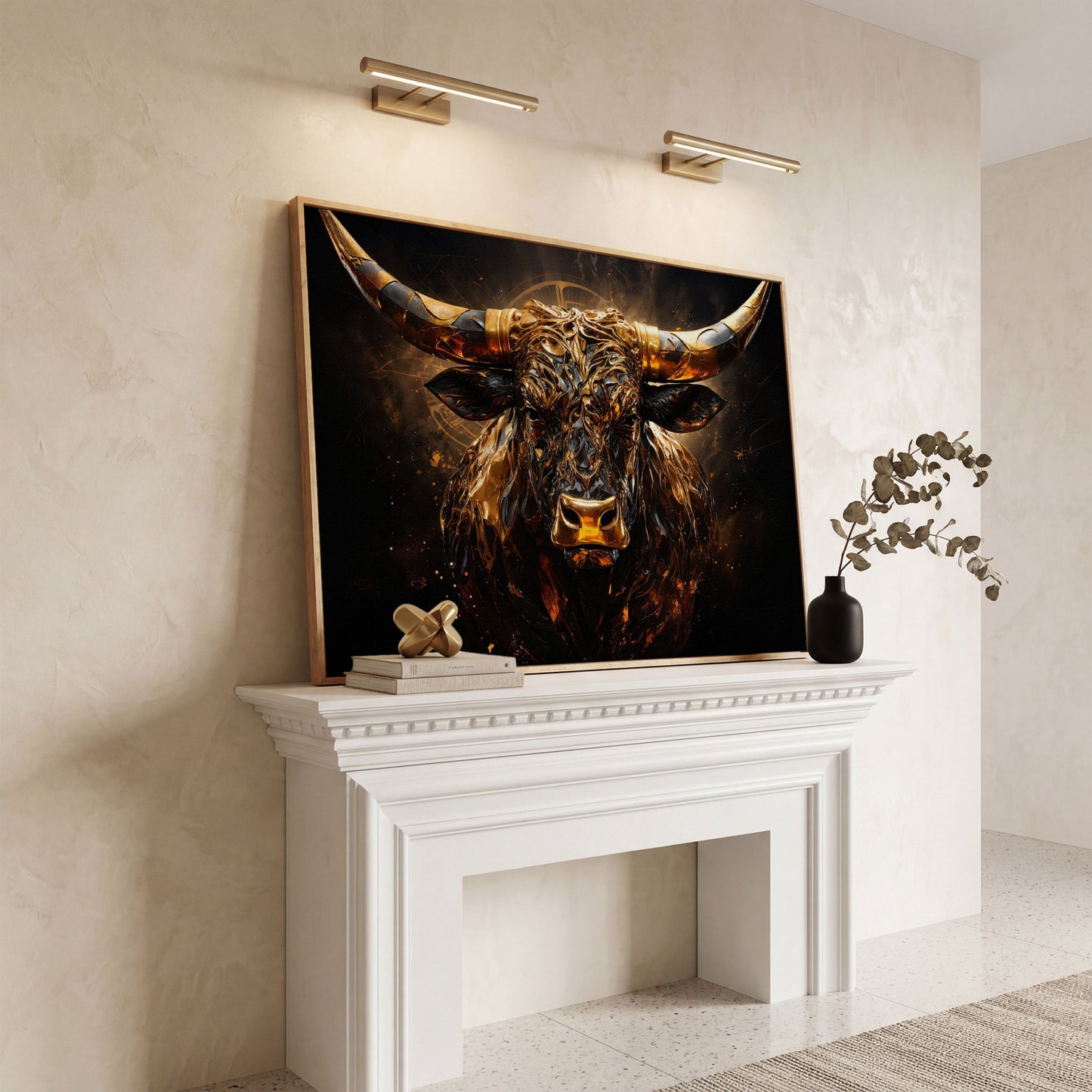 Majestic Amber Bull Canvas Print. Abstract Animal Art in white oak floating frame