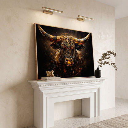 Majestic Amber Bull Canvas Print. Abstract Animal Art in white oak floating frame