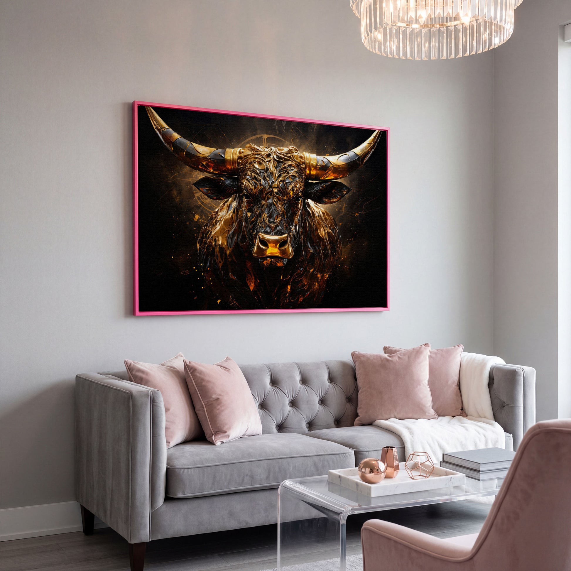 Majestic Amber Bull Canvas Print. Abstract Animal Art in pink floating frame