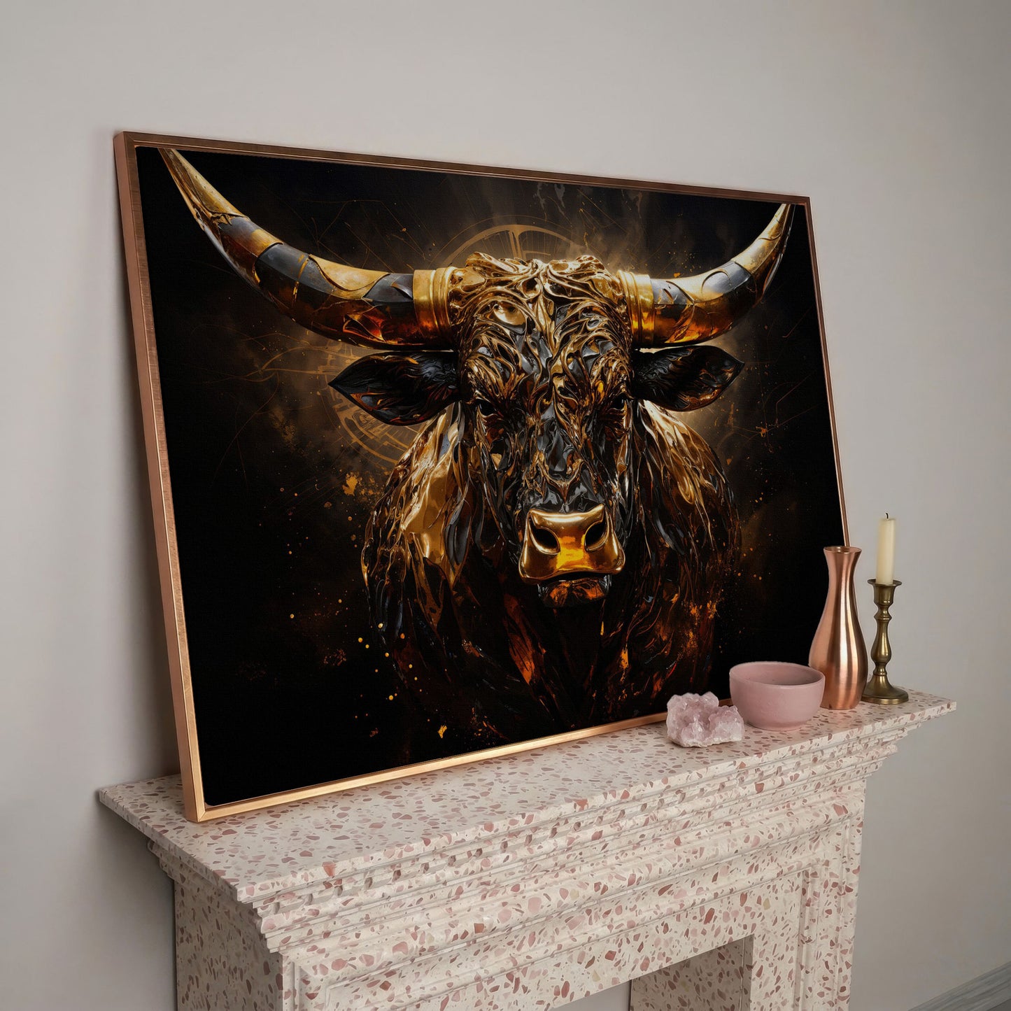 Majestic Amber Bull Canvas Print. Abstract Animal Art in rose gold floating frame