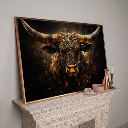 Majestic Amber Bull Canvas Print. Abstract Animal Art in rose gold floating frame
