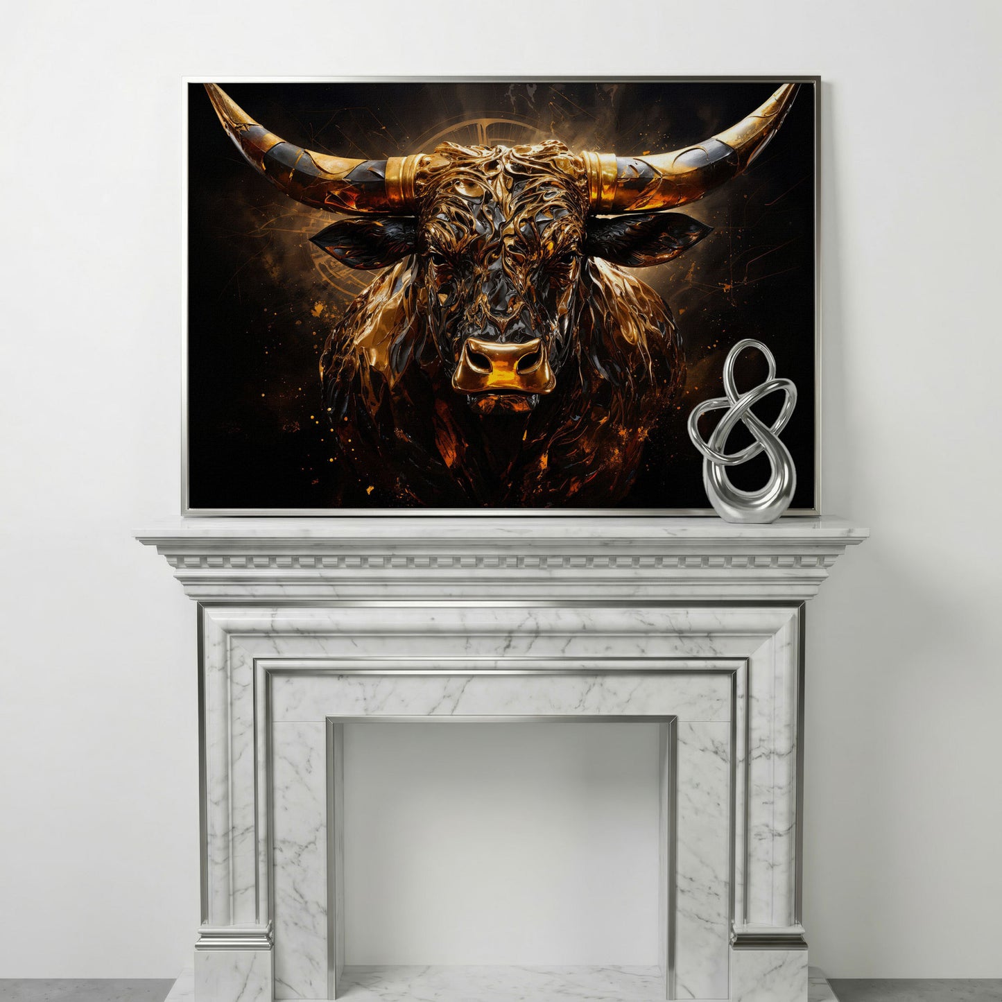 Majestic Amber Bull Canvas Print. Abstract Animal Art in silver floating frame
