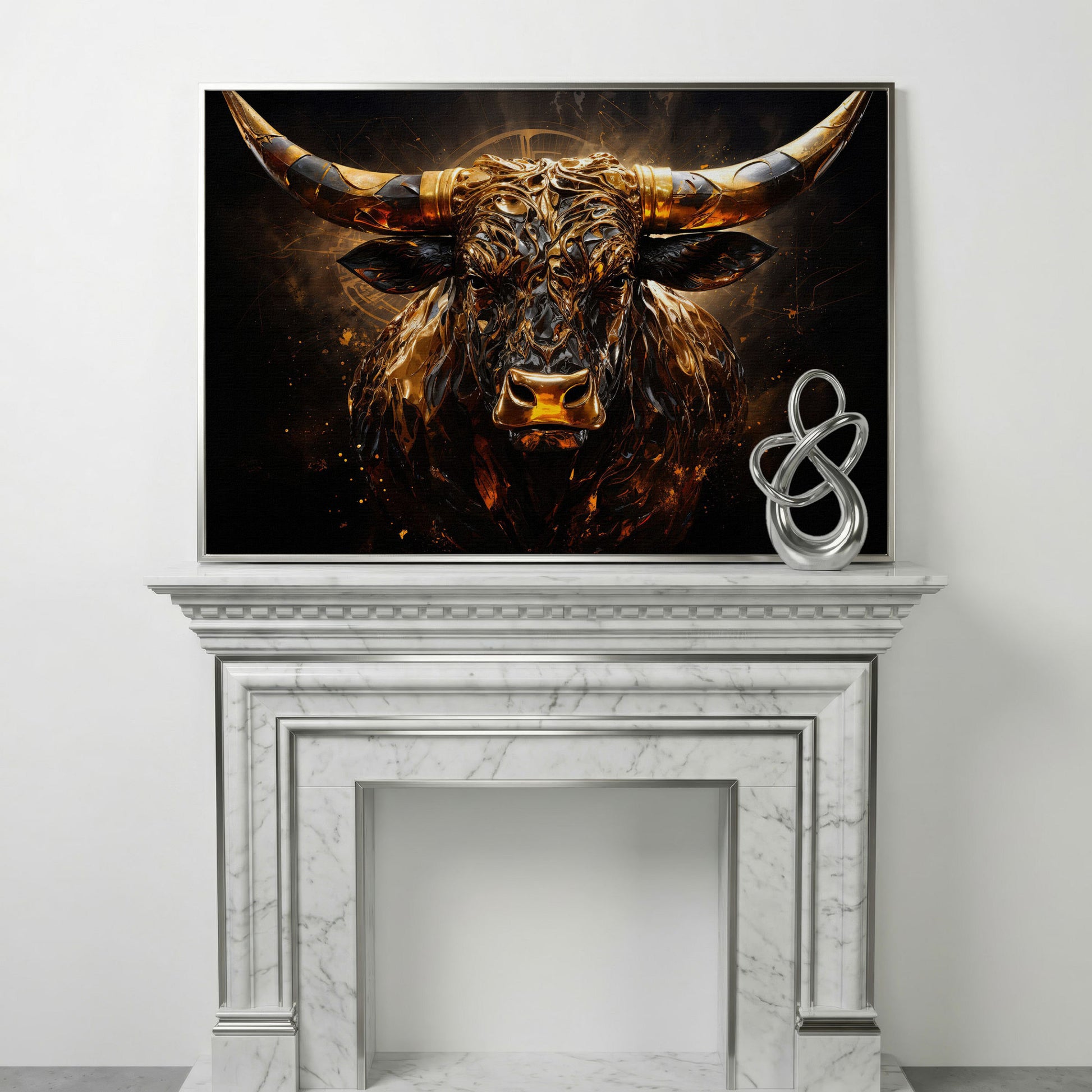Majestic Amber Bull Canvas Print. Abstract Animal Art in silver floating frame