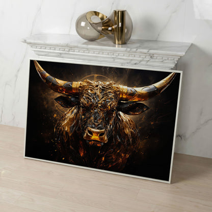 Majestic Amber Bull Canvas Print. Abstract Animal Art in white floating frame