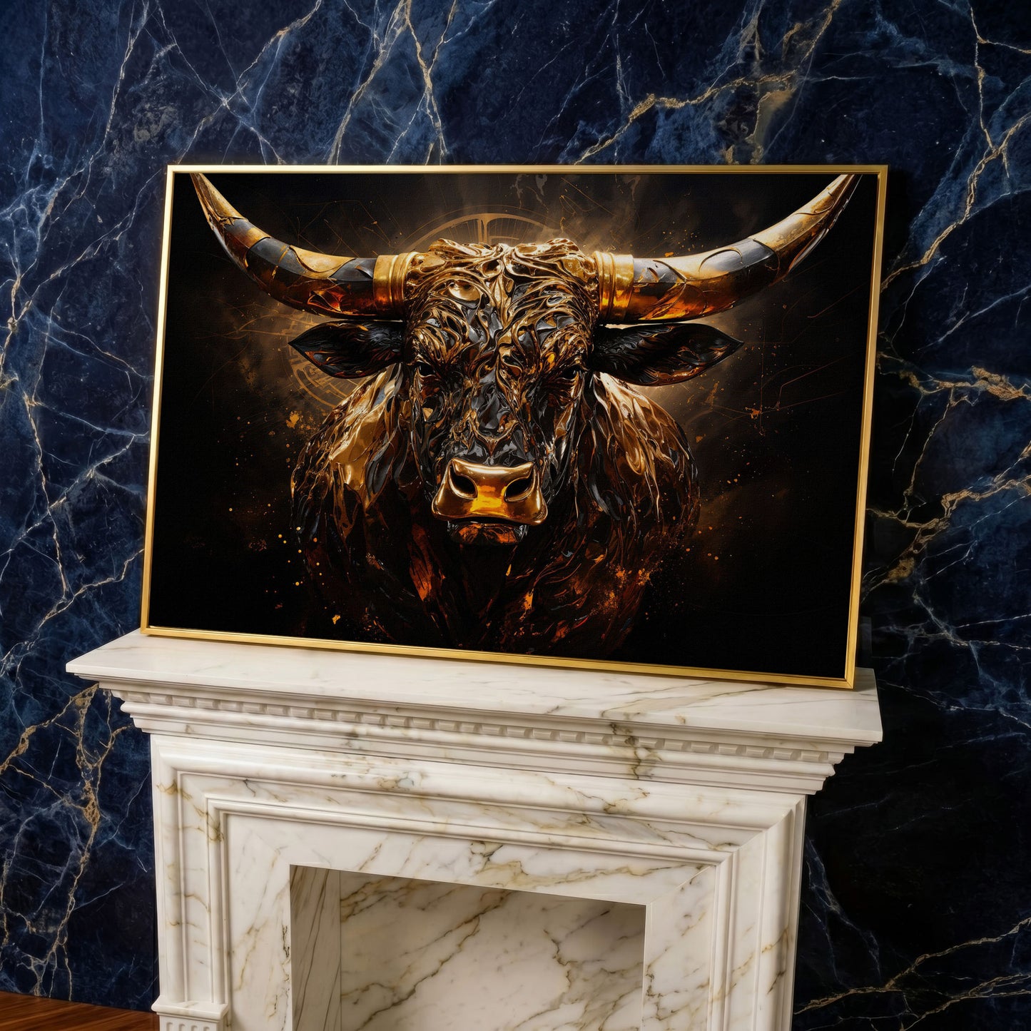 Majestic Amber Bull Canvas Print. Abstract Animal Art in yellow gold floating frame
