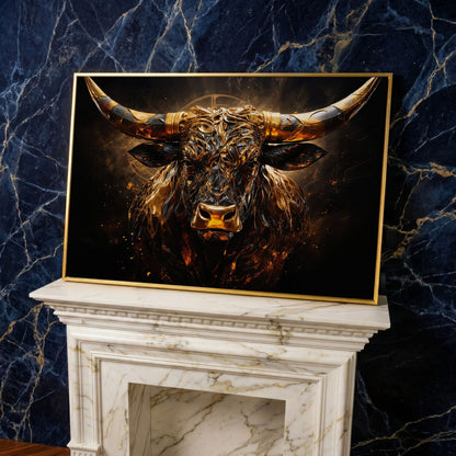 Majestic Amber Bull Canvas Print. Abstract Animal Art in yellow gold floating frame