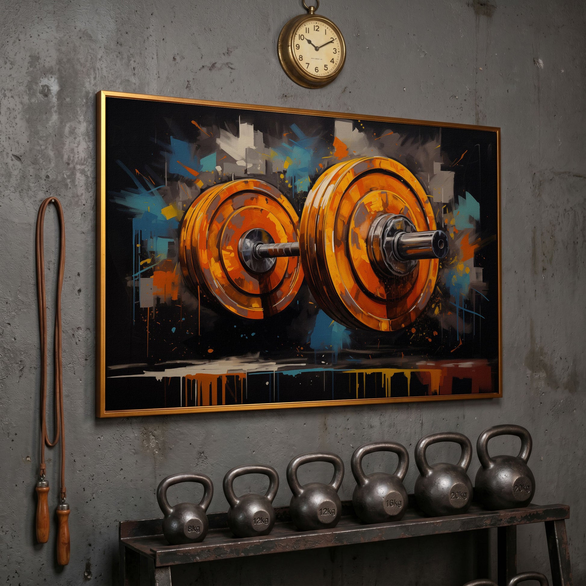Abstract Barbell Canvas Print for Home Gyms in antique gold floating frame