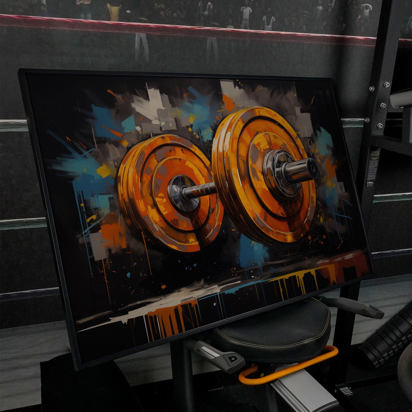 Abstract Barbell Canvas Print for Home Gyms in black floating frame