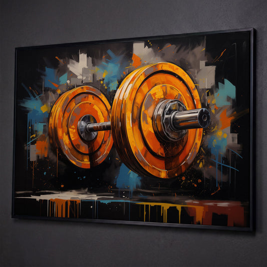 Abstract Barbell Canvas Print for Home Gyms shown in black floating frame