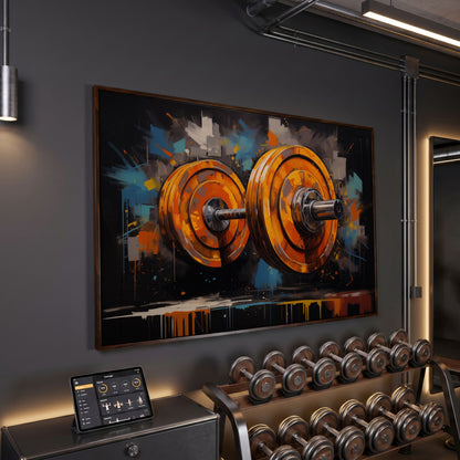 Abstract Barbell Canvas Print for Home Gyms in dark walnut floating frame