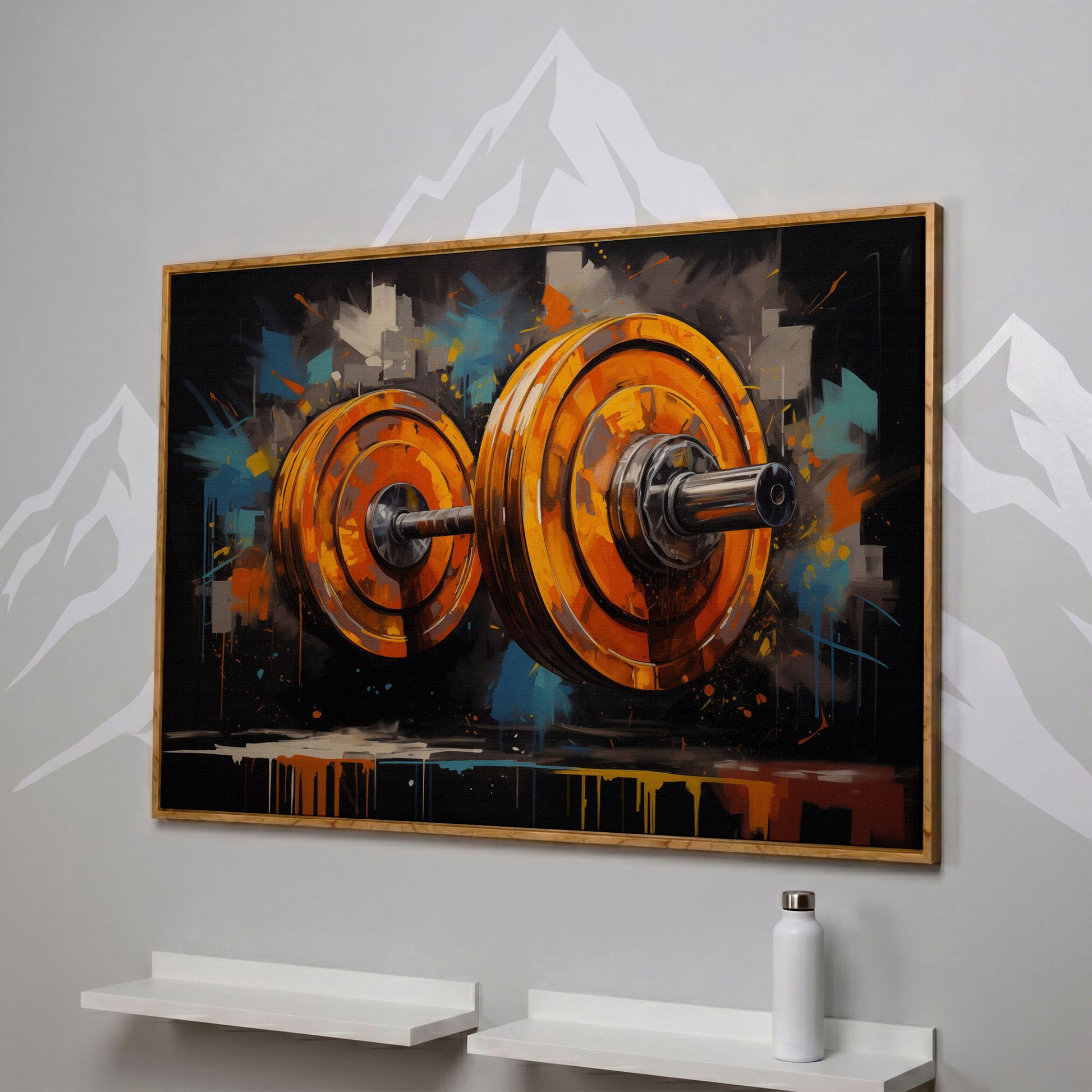 Abstract Barbell Canvas Print for Home Gyms in white oak floating frame
