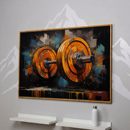 Abstract Barbell Canvas Print for Home Gyms in white oak floating frame