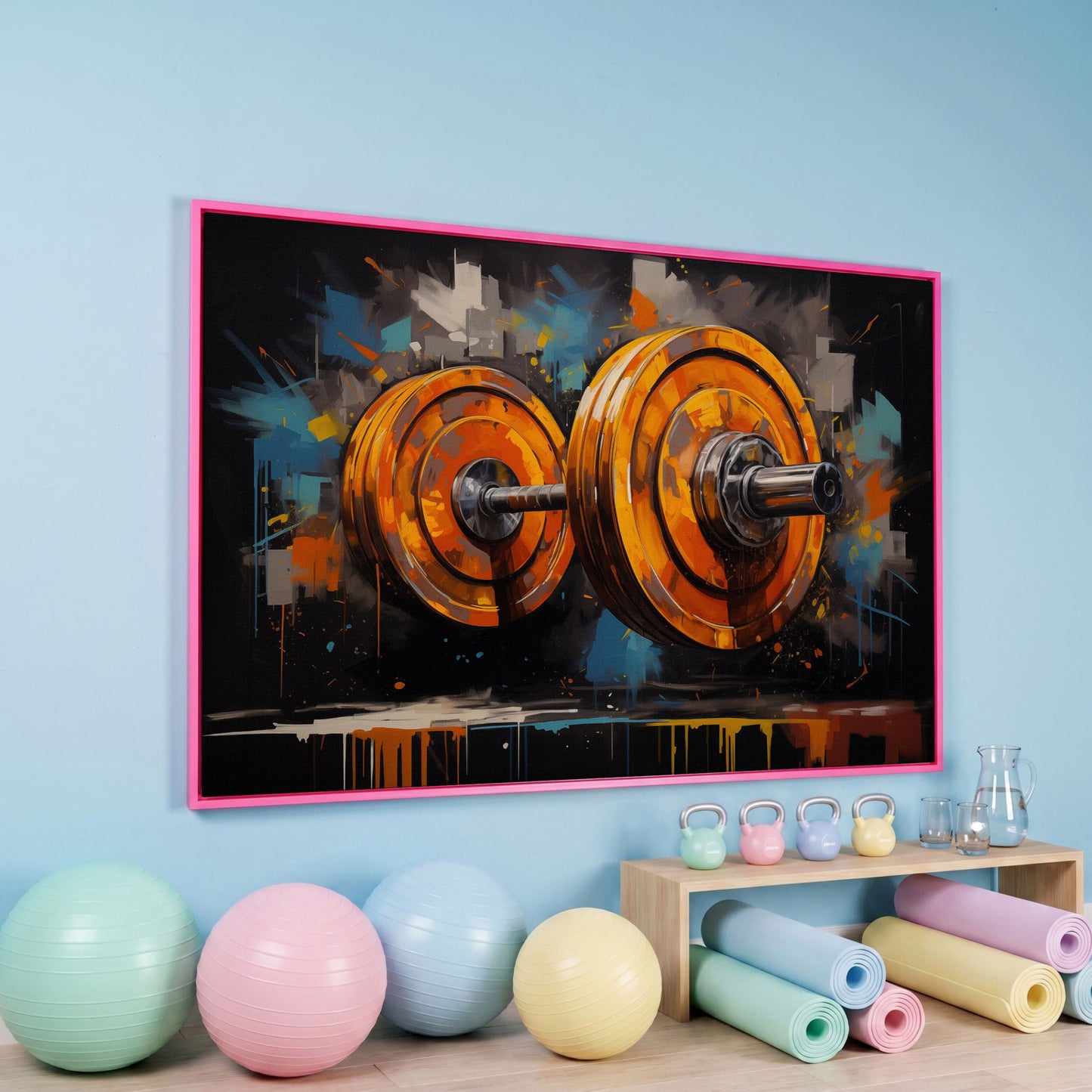 Abstract Barbell Canvas Print for Home Gyms in pink floating frame