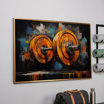 Abstract Barbell Canvas Print for Home Gyms in rose gold floating frame