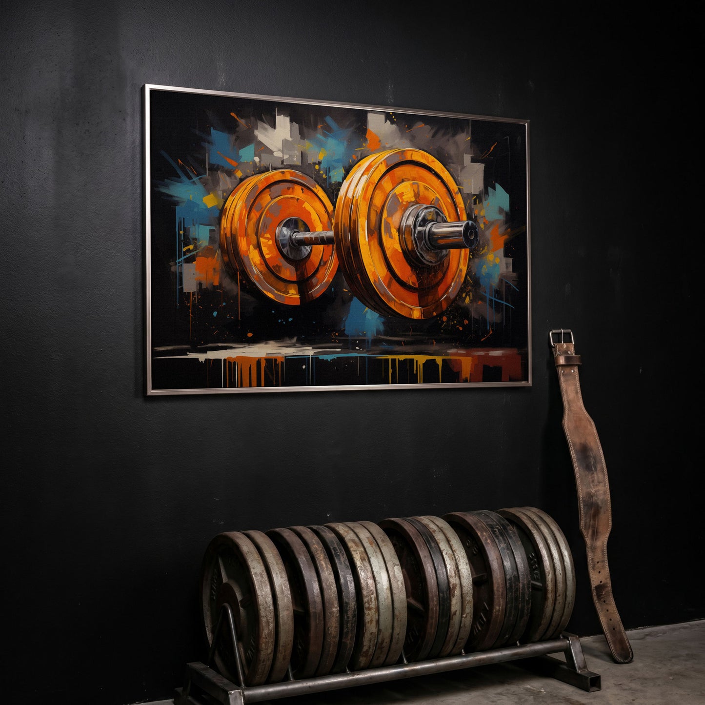 Abstract Barbell Canvas Print for Home Gyms in silver floating frame