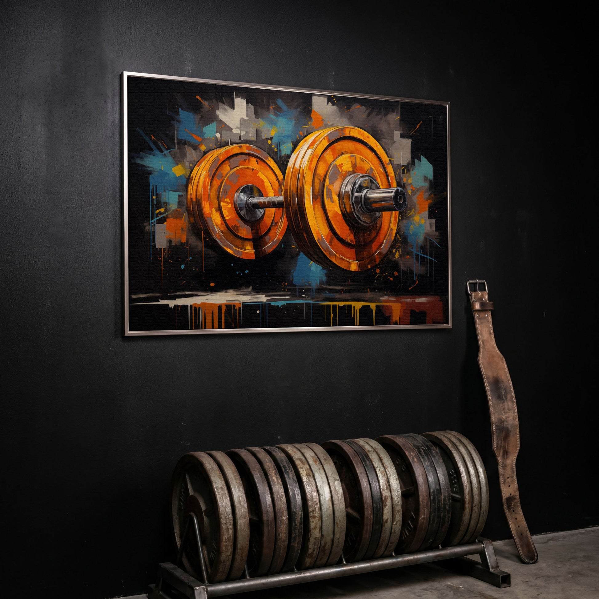 Abstract Barbell Canvas Print for Home Gyms in silver floating frame
