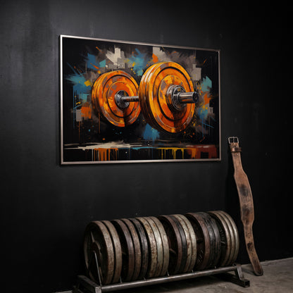 Abstract Barbell Canvas Print for Home Gyms in silver floating frame