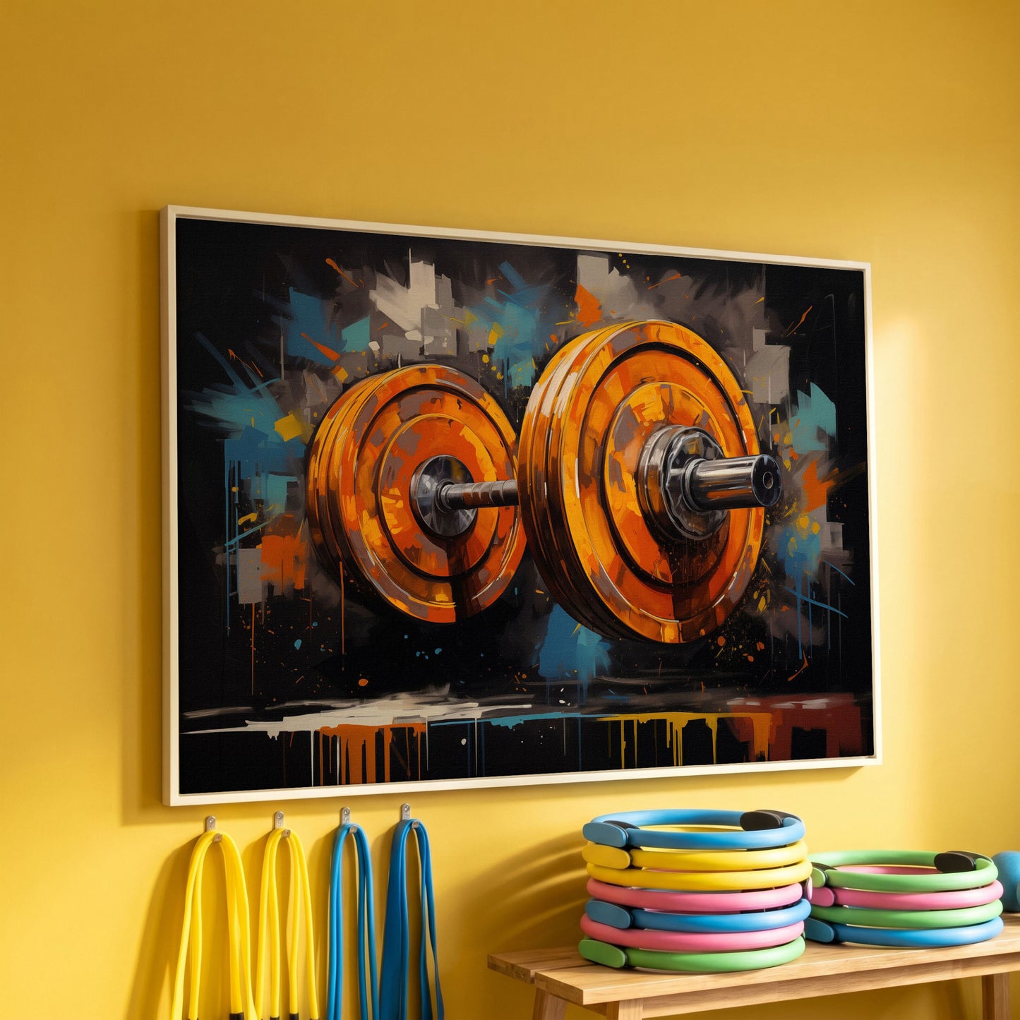 Abstract Barbell Canvas Print for Home Gyms in white floating frame
