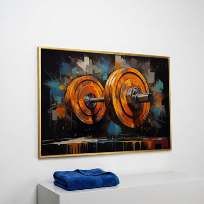 Abstract Barbell Canvas Print for Home Gyms in yellow gold floating frame