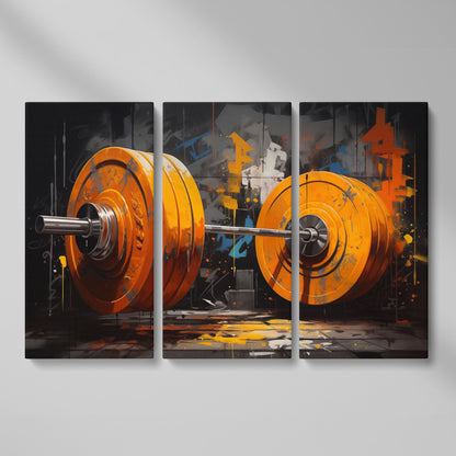 Barbell Canvas. Burnt Orange & Charcoal Gym Art as 3-panel split version