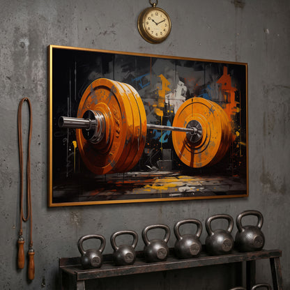 Barbell Canvas. Burnt Orange & Charcoal Gym Art in antique gold floating frame