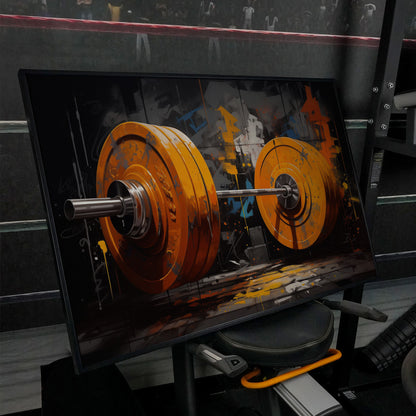 Barbell Canvas. Burnt Orange & Charcoal Gym Art in black floating frame