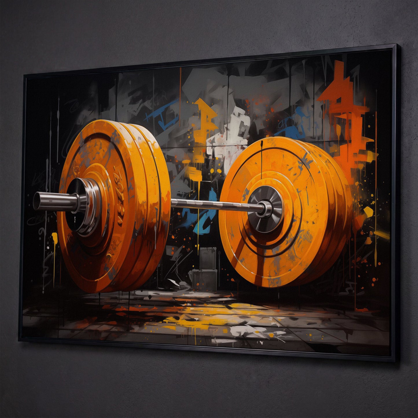 Barbell Canvas. Burnt Orange & Charcoal Gym Art shown in black floating frame