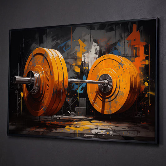 Barbell Canvas. Burnt Orange & Charcoal Gym Art shown in black floating frame