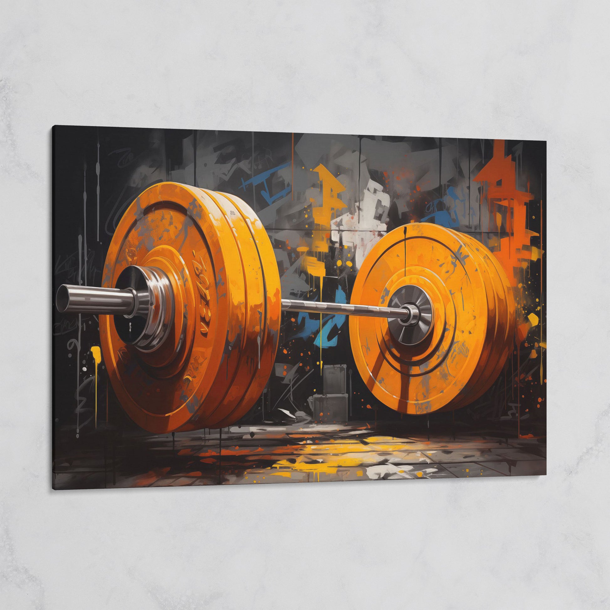 Barbell Canvas. Burnt Orange & Charcoal Gym Art on gallery wrap