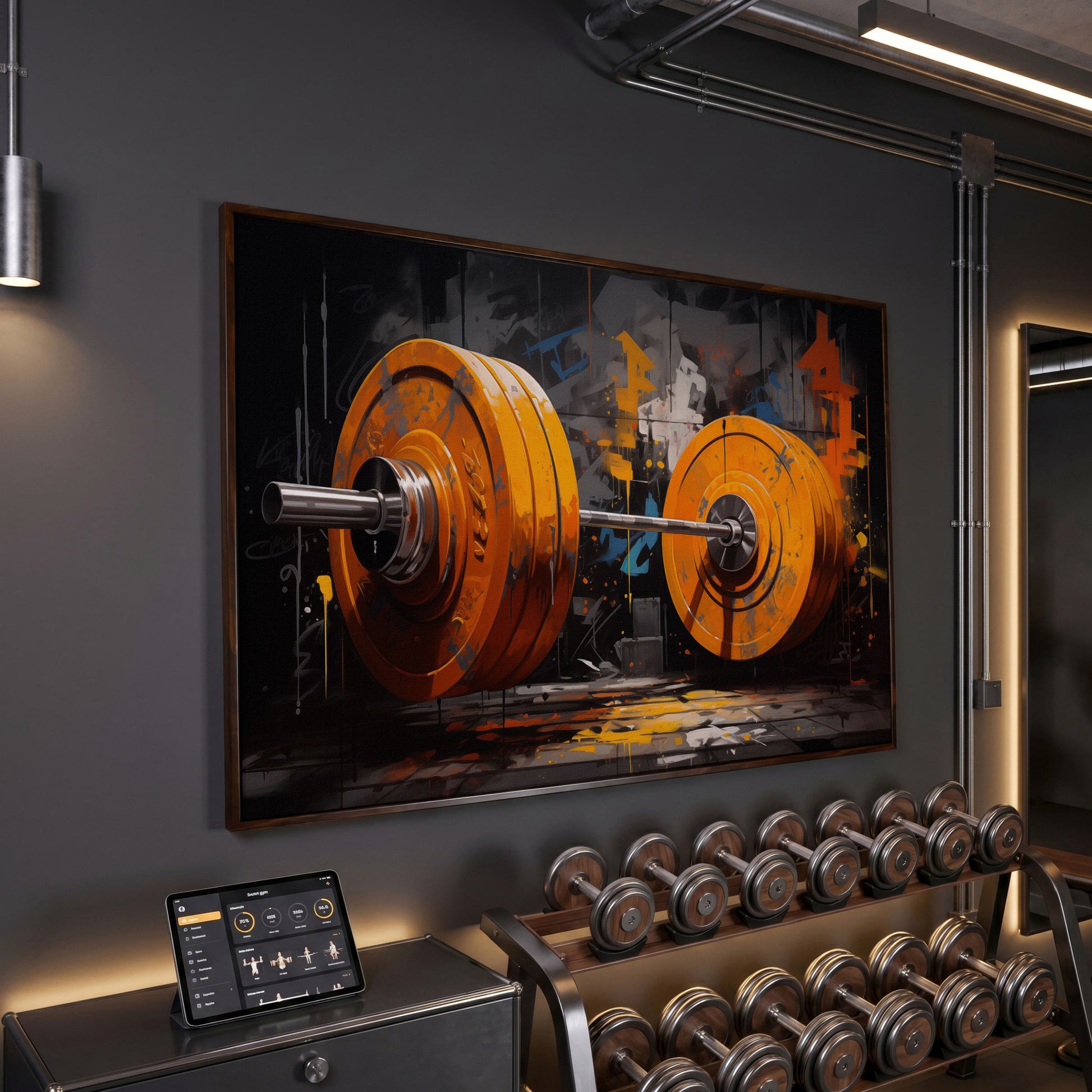 Barbell Canvas. Burnt Orange & Charcoal Gym Art in dark walnut floating frame